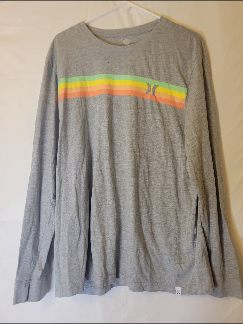 Hurley Light Gray Long Sleeve Crew with Neon Rainbow Chest Stripe
